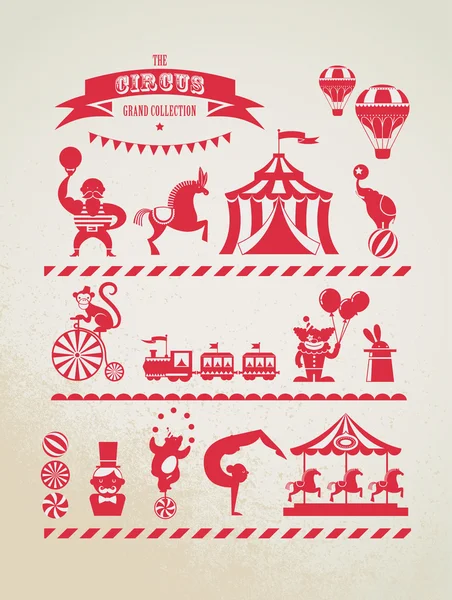 Vintage enorme circus collectie met carnaval, kermis, vector pictogrammen en achtergrond — Stockvector