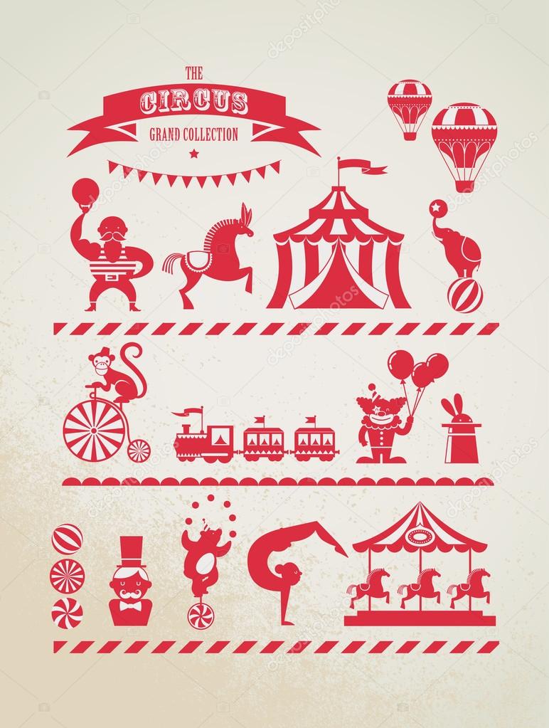 vintage huge circus collection with carnival, fun fair, vector icons and background