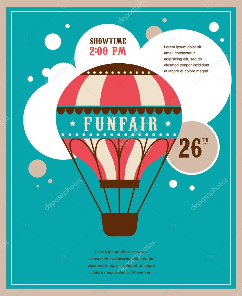vintage poster with vintage air balloon, fun fair, circus vector background