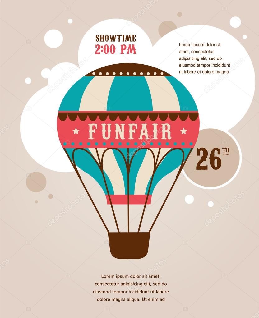 vintage poster with vintage air balloon, fun fair, circus vector background