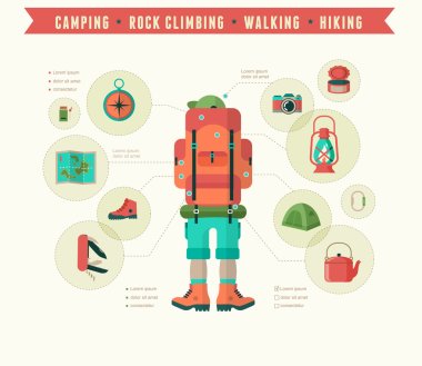Hiking and camping equipment  - icon set and infographics clipart
