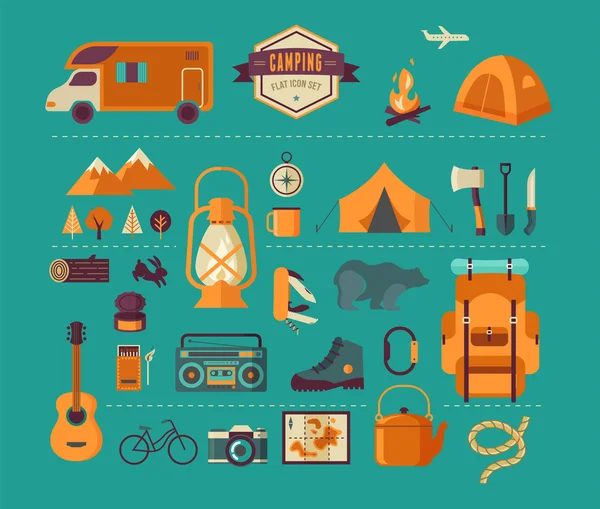 Équipement de randonnée et de camping - jeu d'icônes et infographie — Image vectorielle