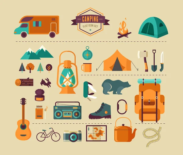 Wandel- en camping apparatuur - pictogrammenset en infographics — Stockvector