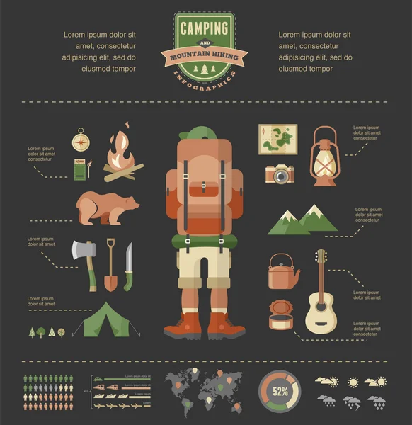 Caminhadas e equipamentos de acampamento - conjunto de ícones e infográficos —  Vetores de Stock
