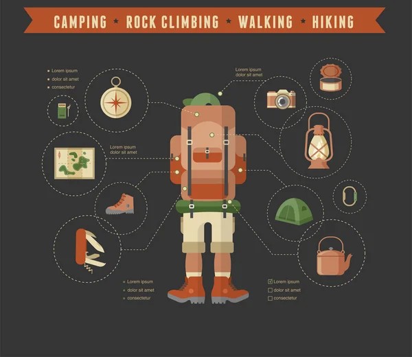 Attrezzature per escursioni e campeggio - set di icone e infografiche — Vettoriale Stock