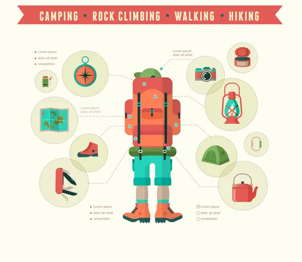 Wandel- en camping apparatuur - pictogrammenset en infographics — Stockvector