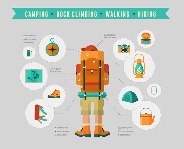 Attrezzature per escursioni e campeggio - set di icone e infografiche — Vettoriale Stock