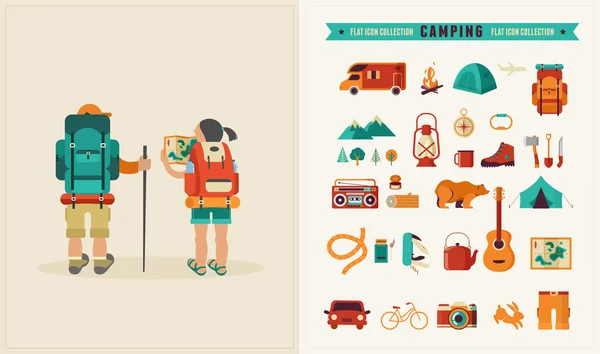 Vector vintage poster with couple of backpackers and set of icons — Stock Vector