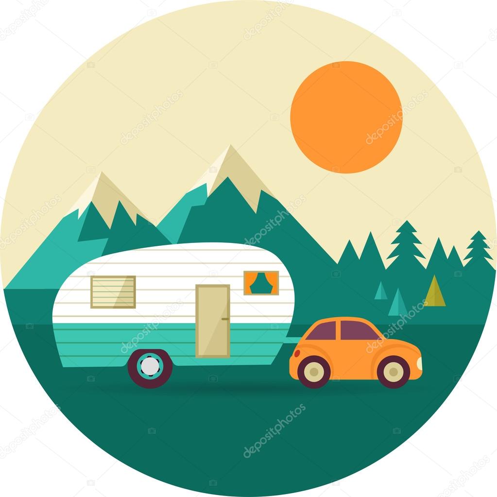 Vector vintage background with nature, forest, hills and camper car