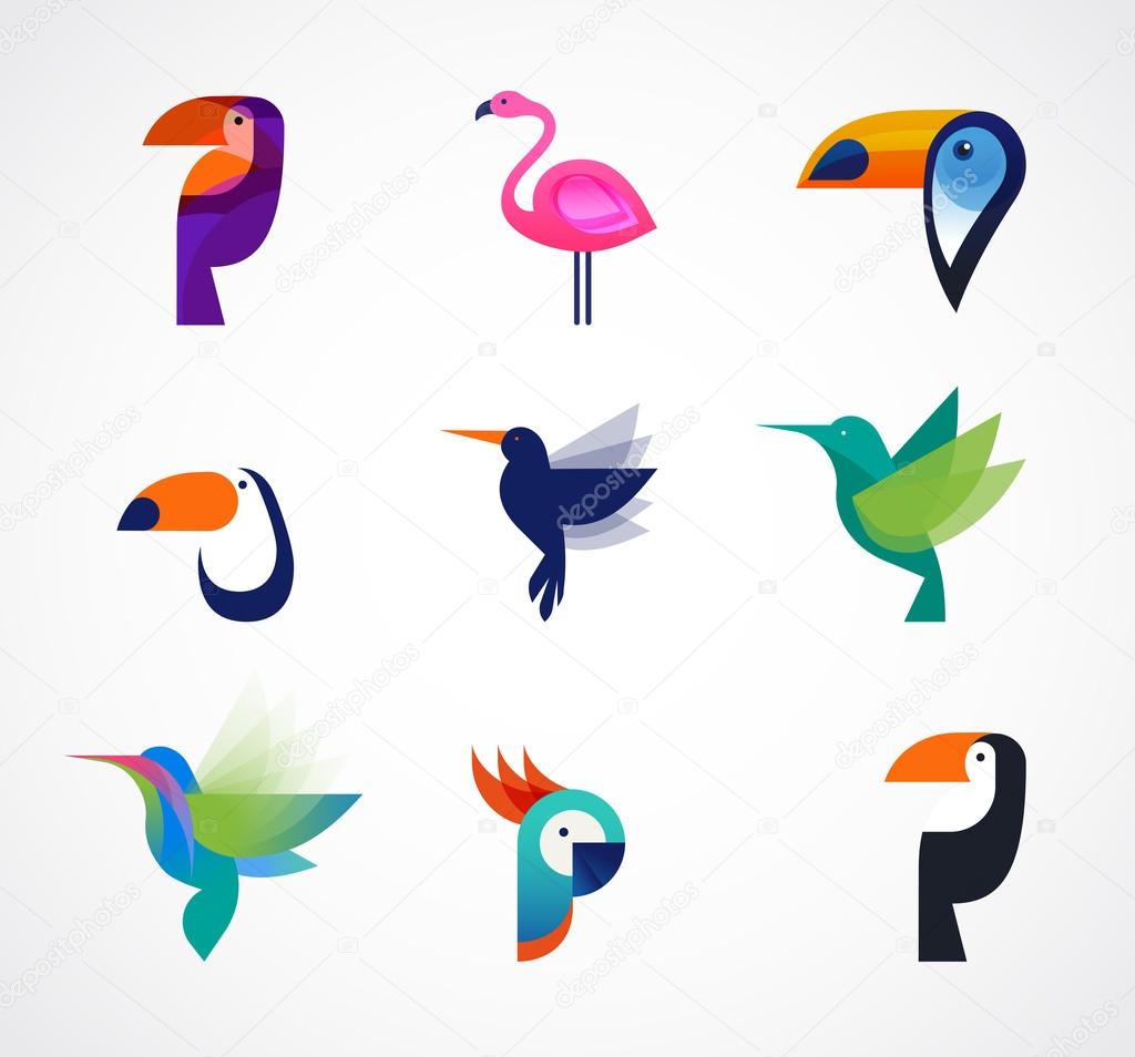 Tropical birds - set of vector icons