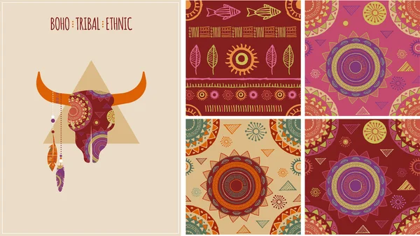 Bohemian, Tribal, Ethnic background with bull skull and patterns — Stock Vector