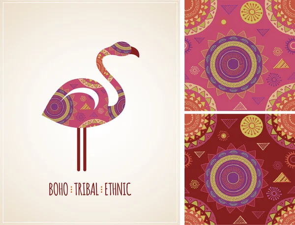 Boheemse, Tribal, etnische achtergrond met flamingo pictogram en patronen — Stockvector