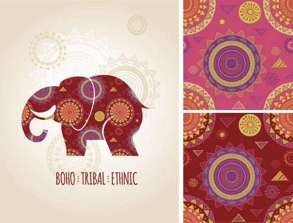 Bohème, Tribal, Origine ethnique avec icône et motifs éléphant — Image vectorielle