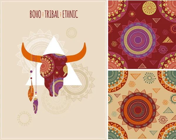 Boheemse, Tribal, etnische achtergrond met stier schedel en patronen — Stockvector