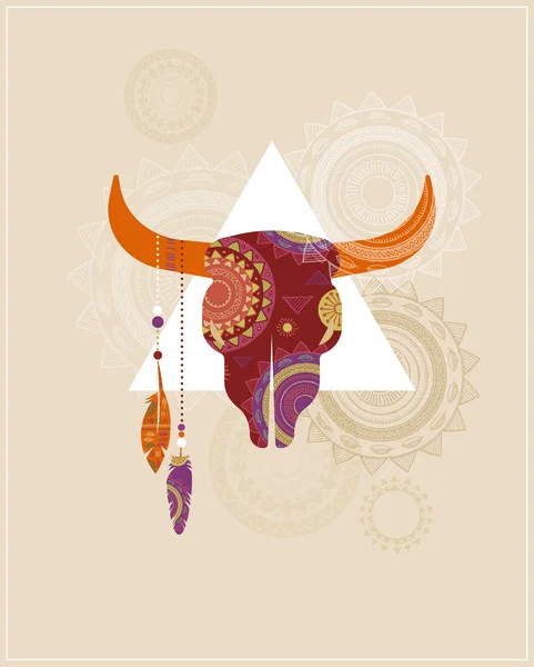 Bohemian, Tribal, Ethnic background with bull skull and patterns — Stock Vector