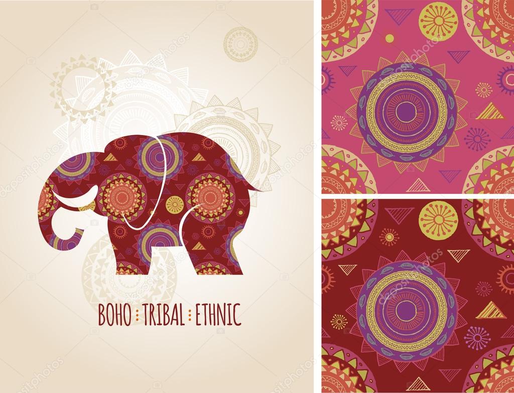 Bohemian, Tribal, Ethnic background with elephant icon and patterns