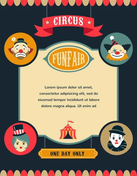 Cartaz de circo vintage, fundo com carnaval, feira divertida e ícones vetoriais —  Vetores de Stock
