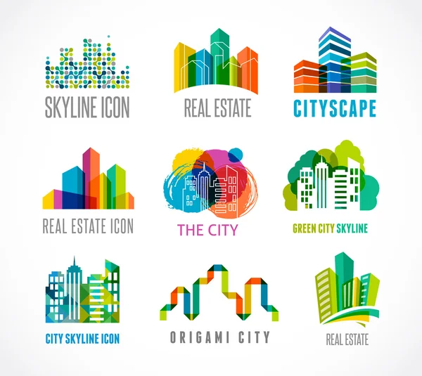 Kleurrijke real estate, stad en skyline pictogrammen — Stockvector