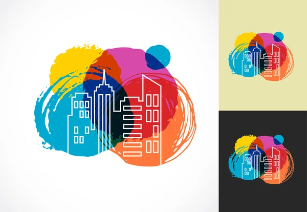 Icono colorido de bienes raíces, ciudad y horizonte — Vector de stock