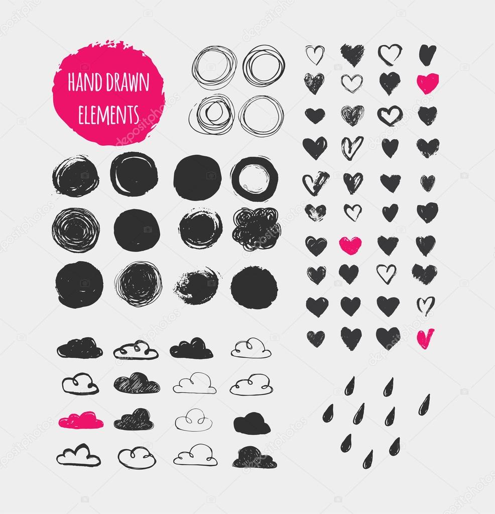 Hand drawn shapes, icons, elements and hearts