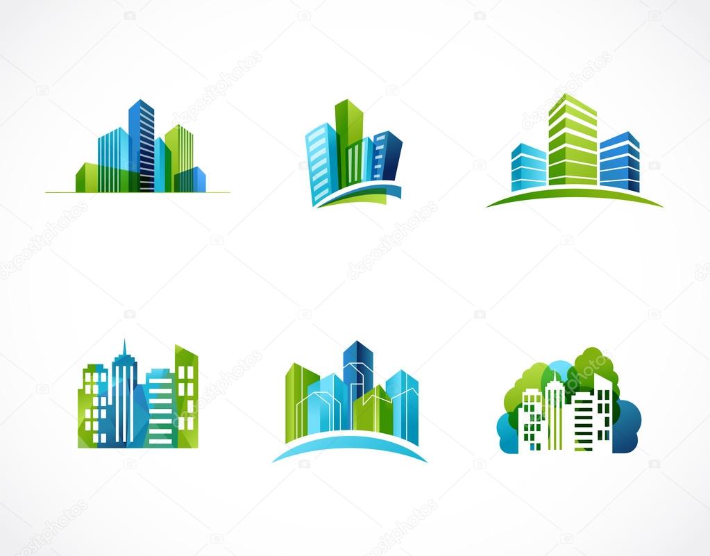 Colorful real estate, city and skyline logo. Icon set