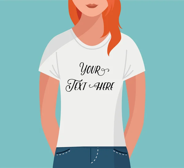 Chica con camiseta, vector plano maqueta, plantilla — Vector de stock