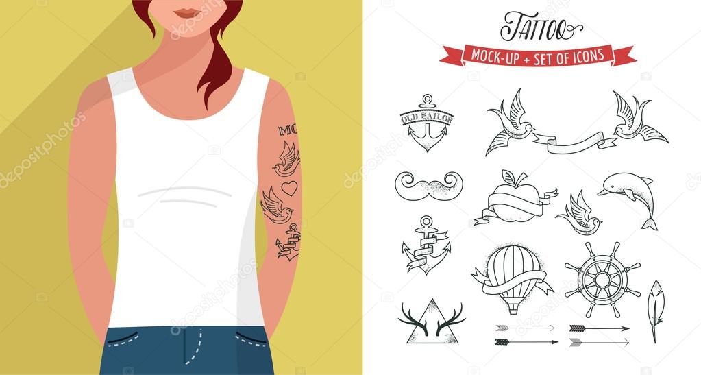 Girl with t-shirt and tattoos set, vector flat template