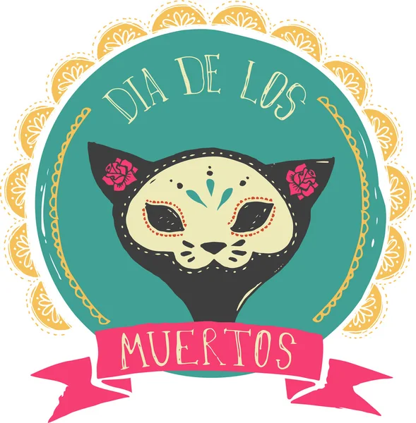 Impressão - crânio de gato mexicano, dia dos mortos —  Vetores de Stock