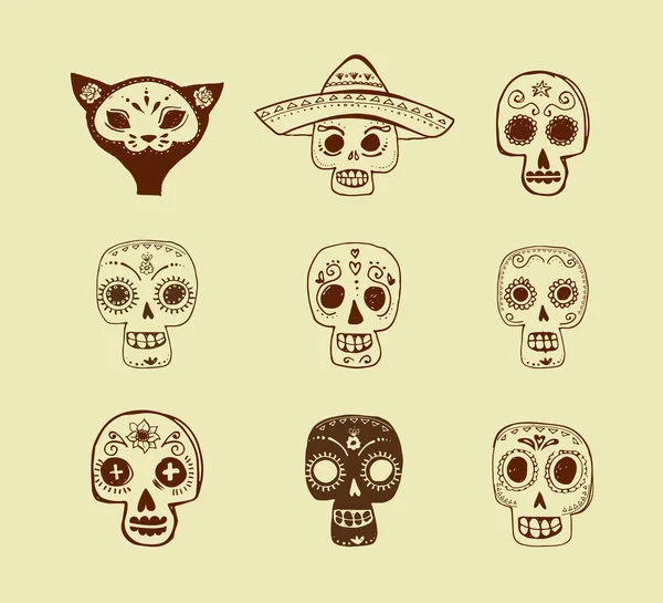Garabatos, conjunto de cráneos mexicanos, día de los muertos — Vector de stock