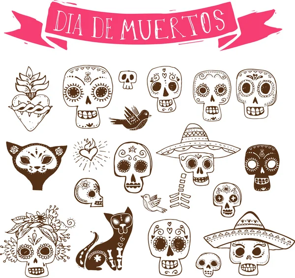 Doodles, mexican skull set, day of the dead — Stock vektor