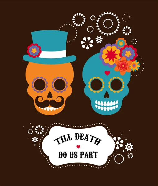 Mexican wedding invitation with two hipster skulls — Stock vektor