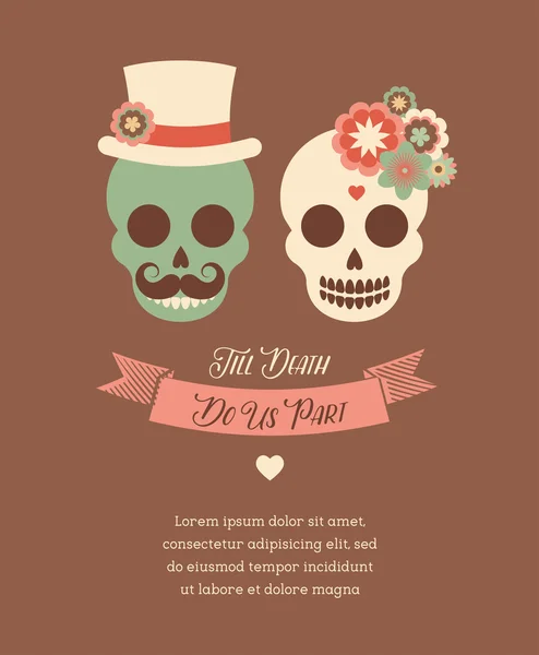 Mexican wedding invitation with two hipster skulls — Stock vektor