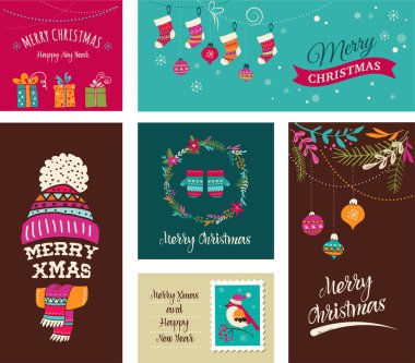 Neşeli Noel tasarım tebrik kartları - doodle çizimler