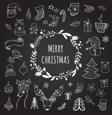 Merry Christmas - Doodle Xmas sembolleri, elle çizilmiş resimler