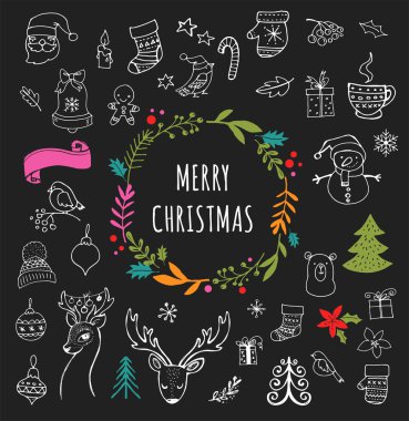 Merry Christmas - Doodle Xmas sembolleri, elle çizilmiş resimler