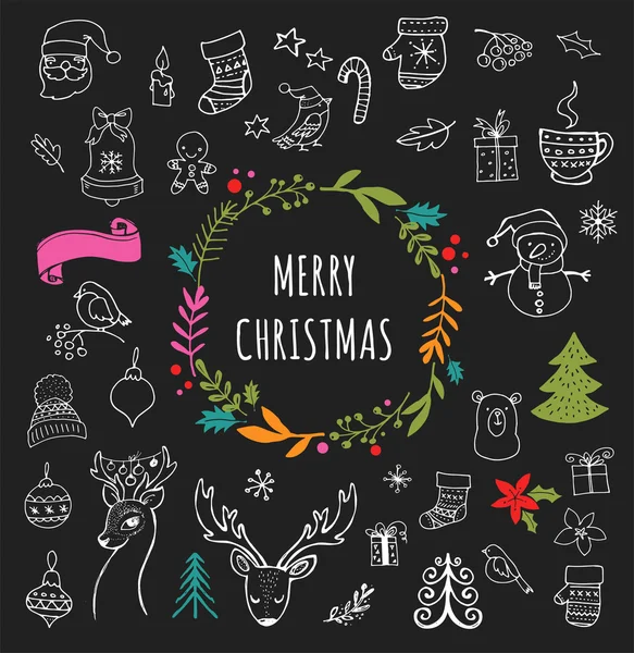 Merry Christmas - Doodle Xmas sembolleri, elle çizilmiş resimler — Stok Vektör