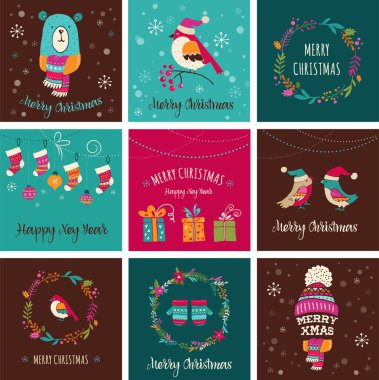 Neşeli Noel tasarım tebrik kartları - doodle çizimler