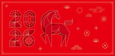 2026 Çin Yeni Yılı için Geometrik Bayrak - At Yılı. Modern vektör illüstrasyonu.