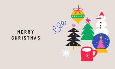 Retro geometrik Mutlu Noeller afişi, kış posteri ve tebrik kartı tasarımı. Vintage vektör illüstrasyonu.