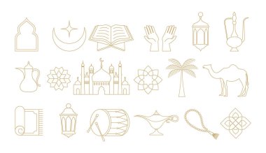 Doğrusal altın Ramazan logoları, çizimler ve vektör tasarım elementlerinin toplanması. Minimalist İslami doğrusal simgeler belirlendi.