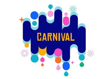 Renkli karnaval ve soyut geometrik şekilli müzik festivali afişi, mavi arka planda havai fişekler. Modern düz vektör çizimi, posterler, davetiyeler ve olay tanıtımları için mükemmel