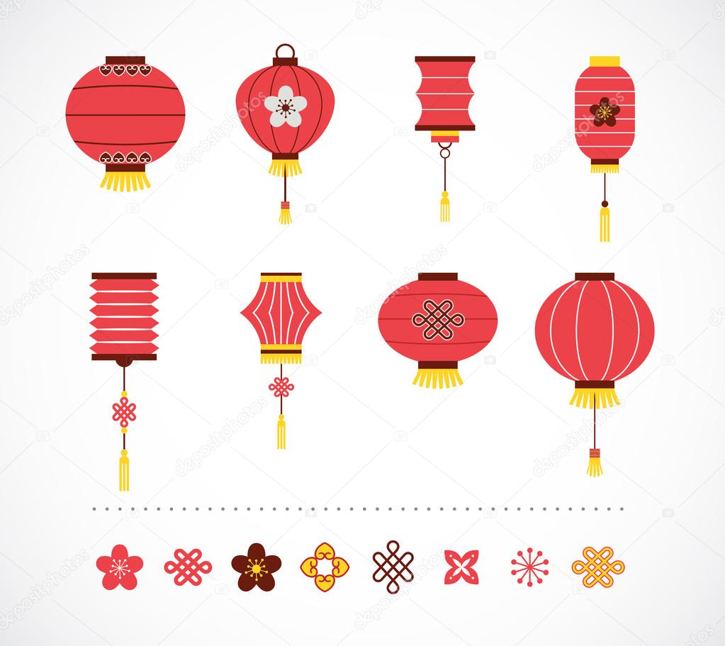 Set of Chinese red lanterns and elements