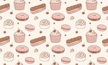 Kek, krema, çörek ve pasta ikonlarıyla mükemmel desenli klasik pastaneler. Retro vektör illüstrasyonu.