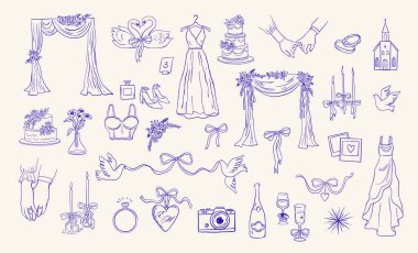 Düğün eli garip mürekkep çizimleri ve elementler çizdi. Akdeniz, İtalya ve Fransa resimlere ilham kaynağı oldu. Zarif romantik tasarım, tarihi kaydetmek için mükemmel, gelin duşu davetiyesi ve düğün