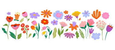 Çiçekli Mutlu Paskalyalar arka planı, renkli çiçekli modern düz yaz tasarımı. Vektör illüstrasyonu