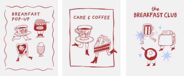 Tuhaf el yapımı kafe, fırın ve pastane klasik çizgi film posterleri, afişler ve parmak izi koleksiyonu. Retro vektör illüstrasyonu.