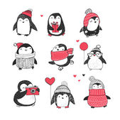 Aranyos kézzel rajzolt pingvinek készlet - Boldog Karácsonyi üdvözletet