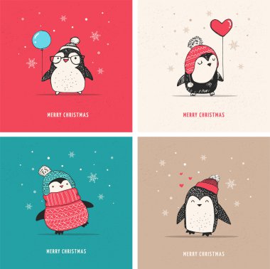 Cute hand drawn penguins set - Merry Christmas greetings clipart