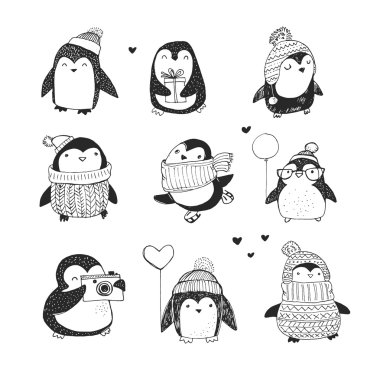 Sevimli el çizimi penguenler - Mutlu Noeller