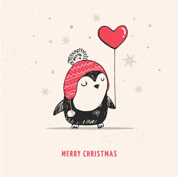 Lindo pingüino dibujado a mano con globo de corazón rojo — Vector de stock